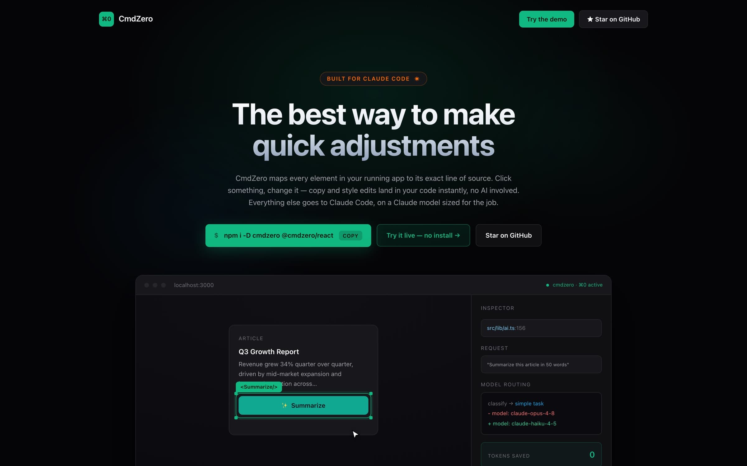 CmdZero landing page - 'The best way to make quick adjustments' headline above a running app with an inline Summarize edit and a model-routing inspector