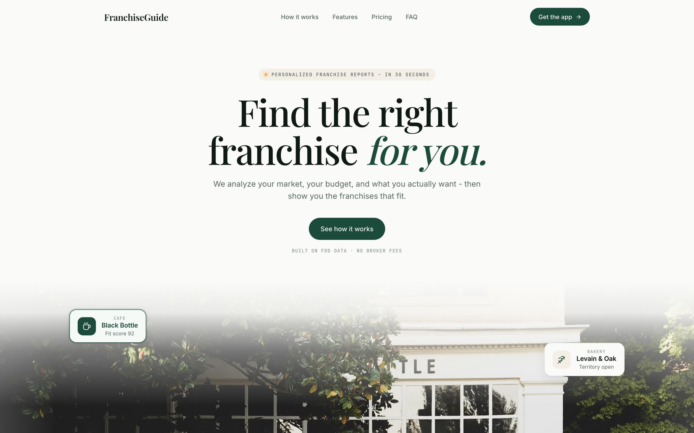 FranchiseGuide landing page - 'Find the right franchise for you.' headline over a storefront with fit-score match cards for a cafe and a bakery