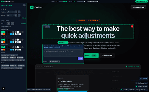 CmdZero landing page - 'The best way to make quick adjustments' headline over a running app with an inline edit panel and a model-routing inspector