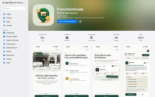 FranchiseGuide on the App Store - listing page showing the app icon and screenshots of the onboarding flow and a scored Wingstop franchise match