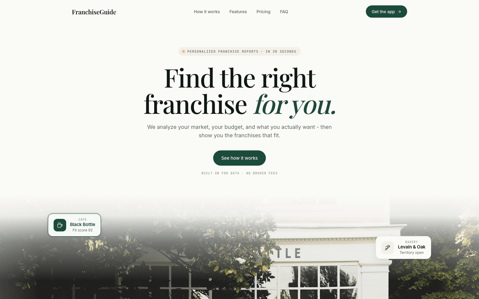 FranchiseGuide landing page - 'Find the right franchise for you' headline over an editorial storefront photo