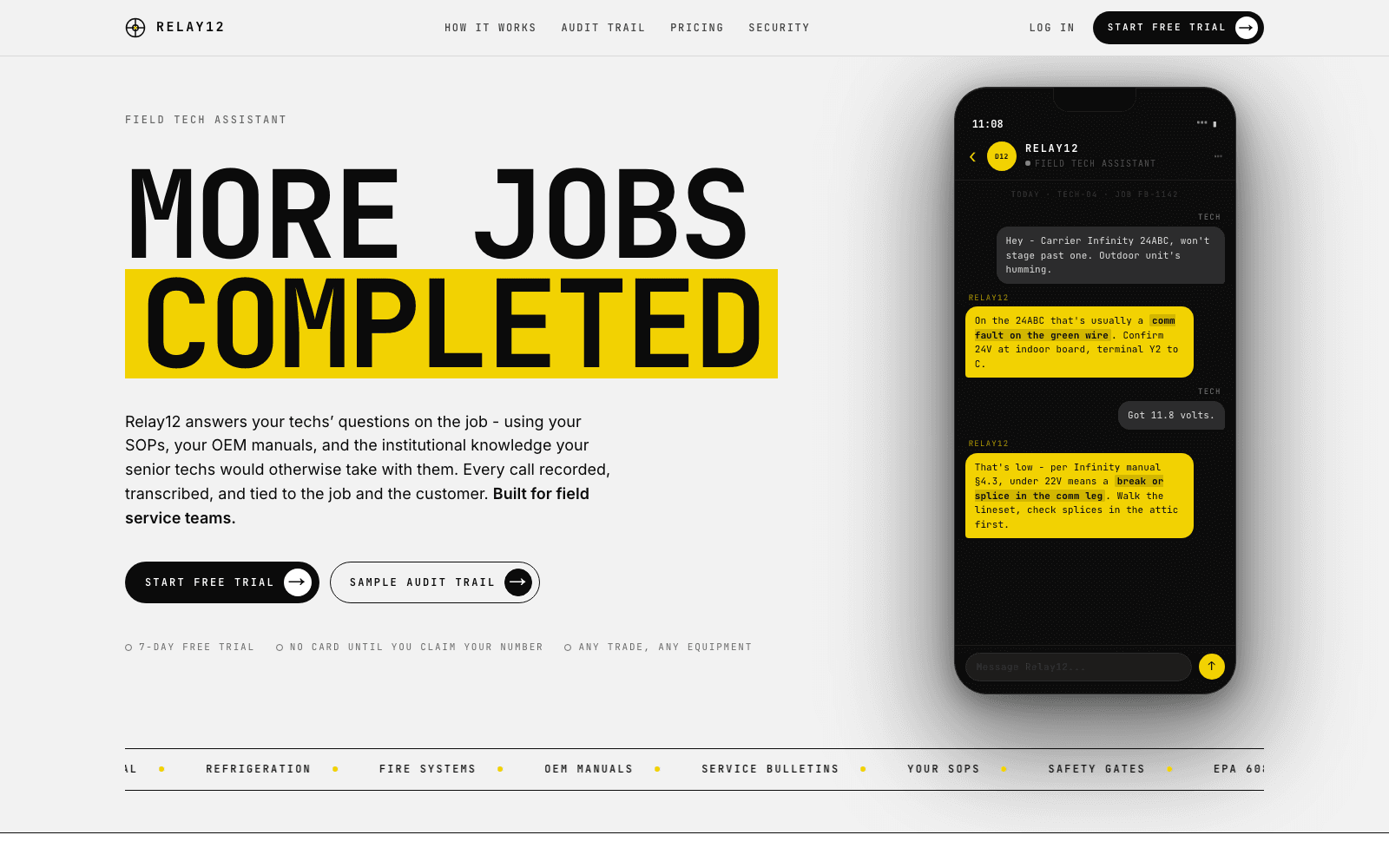 Relay12 landing page - 'More jobs completed' headline with an SMS assistant thread on a phone mockup