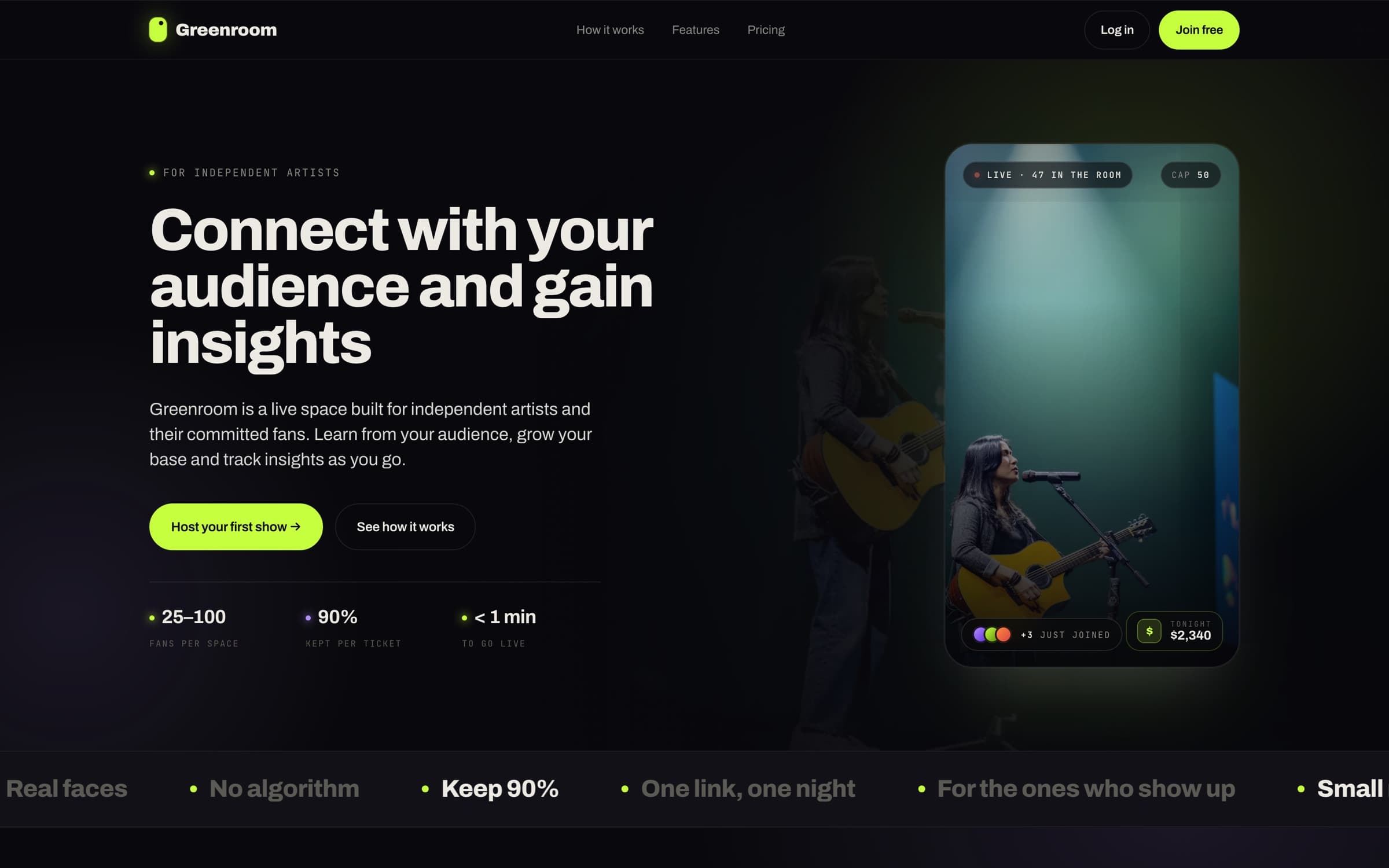 Greenroom landing page - 'Connect with your audience and gain insights' headline beside a live room showing 47 fans in the room and $2,340 earned tonight