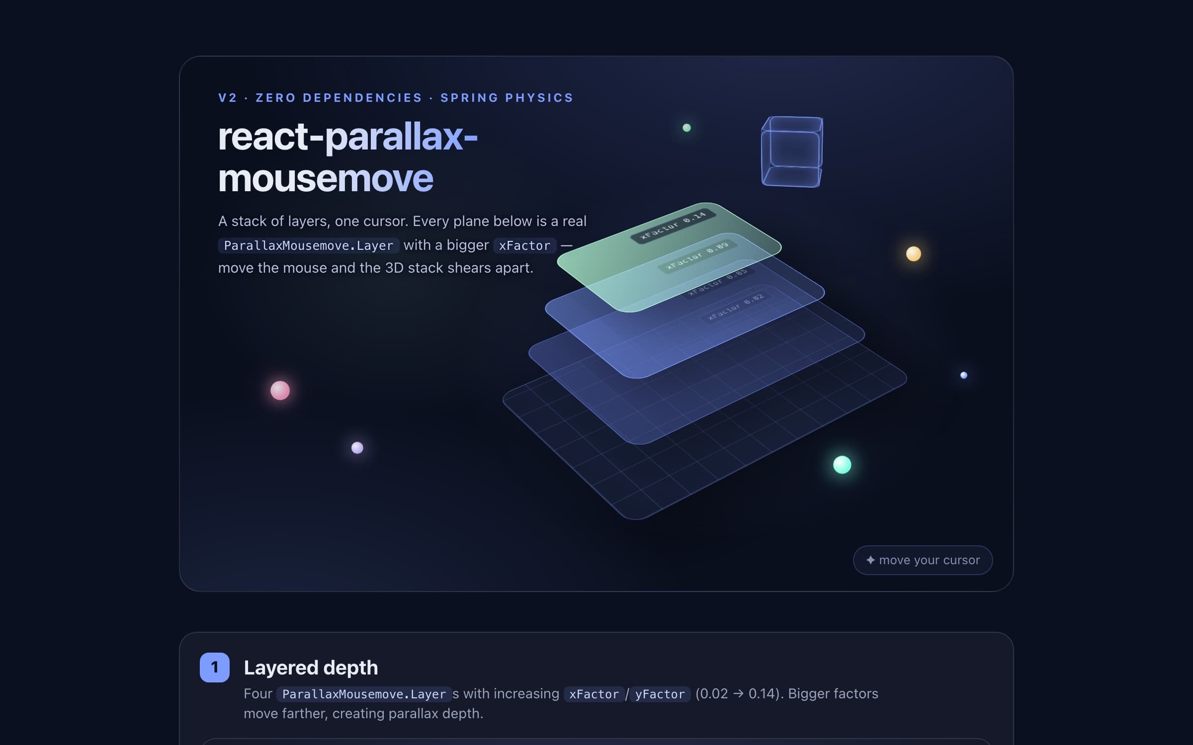 Parallax Mouse live demo - a 3D stack of labeled parallax layers shearing apart as the cursor moves, beside the package headline
